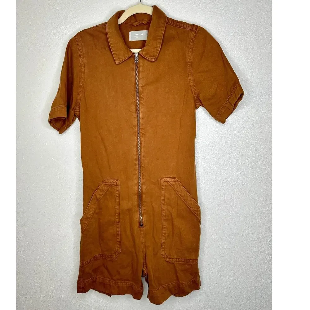 Everlane The Denim Short Coverall Organic Cotton Brown Rust Romper 6